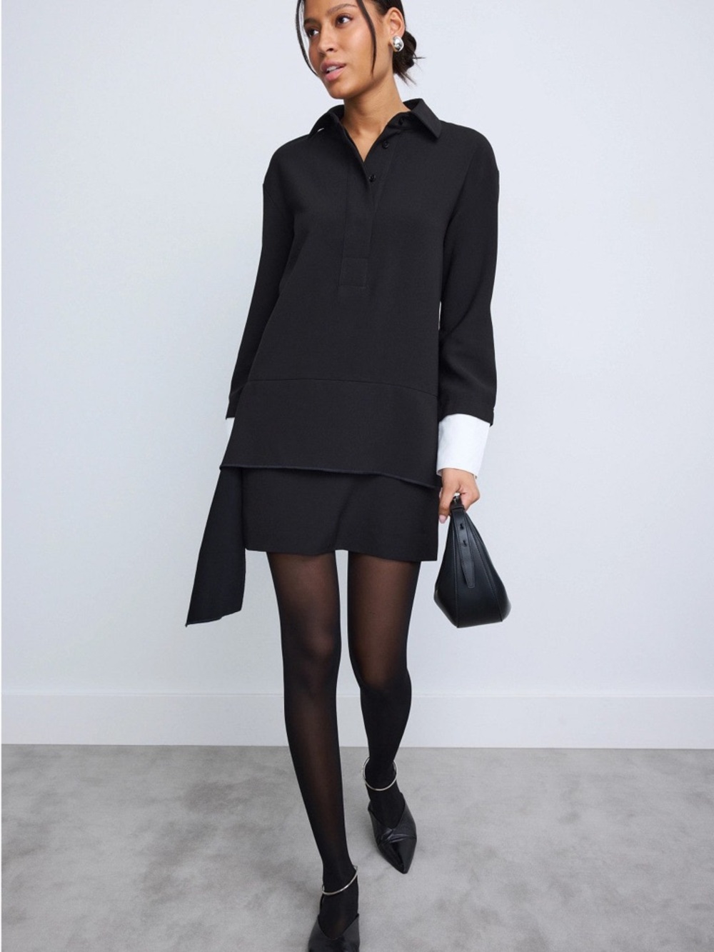 Black Long-Sleeve Mini Dress with White Contrast Cuffs
